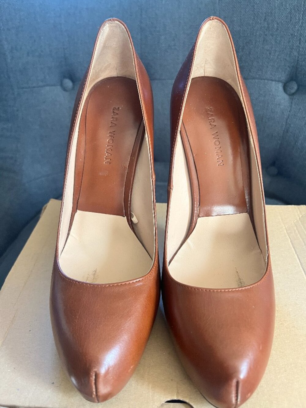 Zara Woman Leather Platform Stiletto Pumps โ Cognac Brown โ Size 8 โ Made in Spa